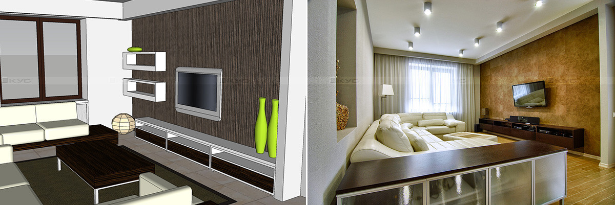 3D визуализация гостиной и фотография реализованного интерьера